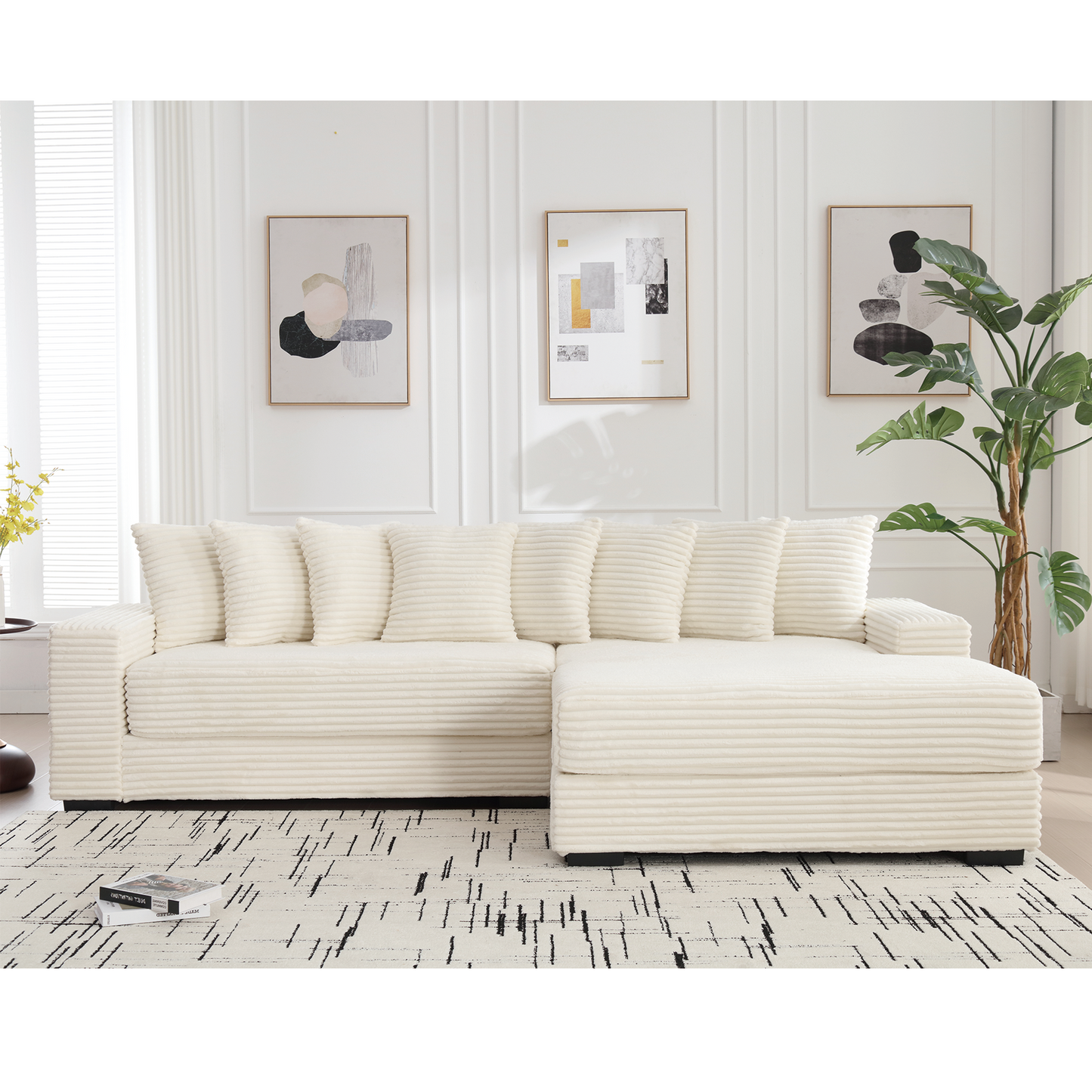 Oversized Two-Piece  Couches,  L Shaped Sofa, Corduroy, Right Chaise Daybed,with Armrests,Eight Throw Pillows,Corner Sofa,Easy To Assemble, Beige
