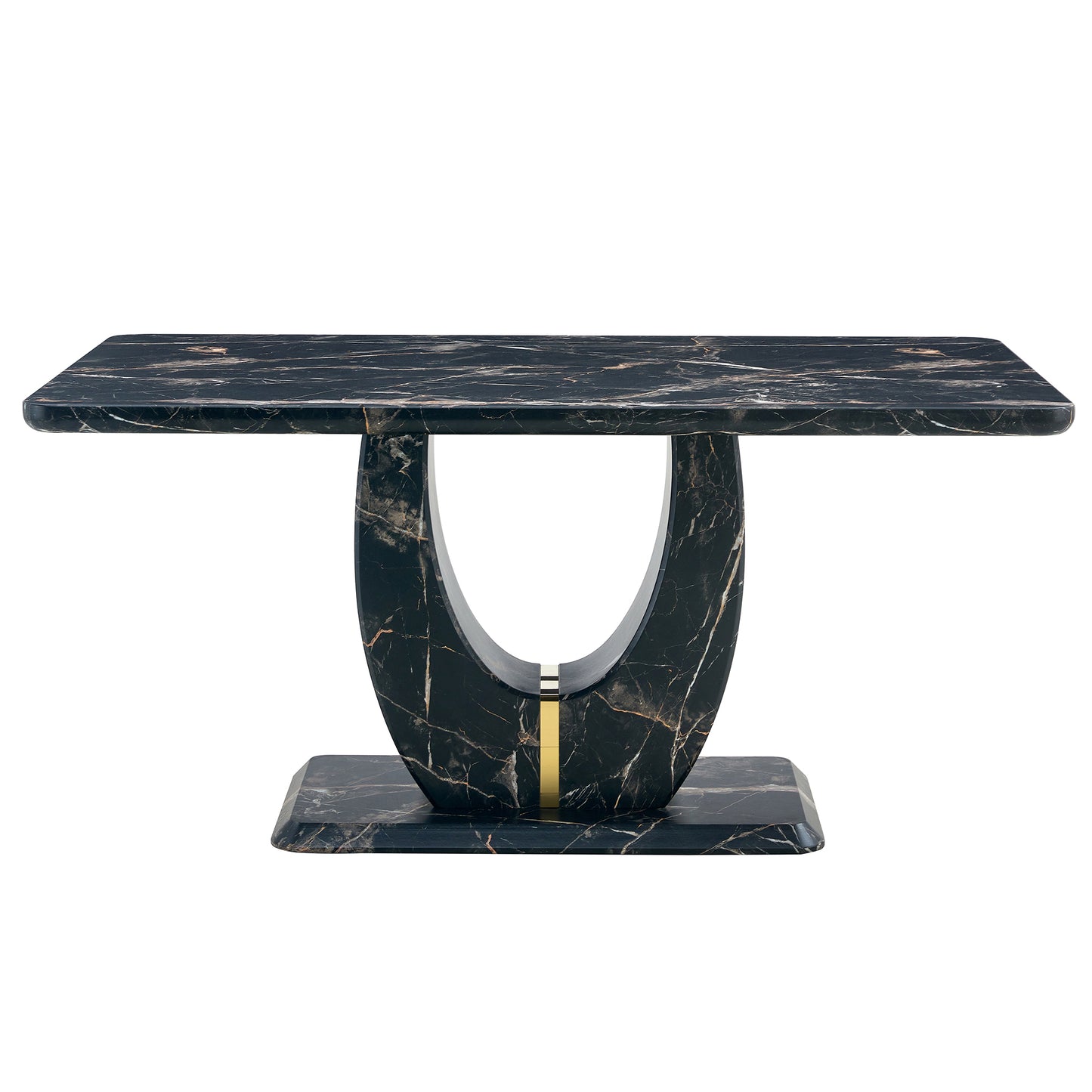 Table and chair set.Black Marble Pattern MDF Dining Table Set - 63"x37" with 6 Light Gray PU chairs with Featuring Arched Golden Metal legs.
