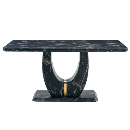 Table and chair set.Black Marble Pattern MDF Dining Table Set - 63"x37" with 6 Light Gray PU chairs with Featuring Arched Golden Metal legs.