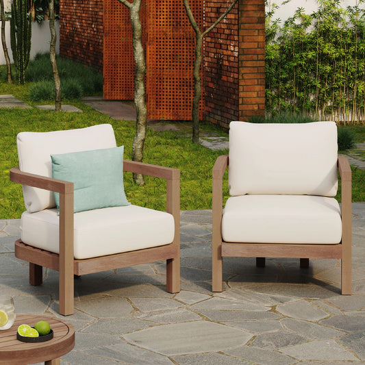 ( SET OF 2 ) Outdoor Acacia Wood Patio Club Chair, Patio Furniture,Waterproof Thick Cushion Deep Seating for Porch, Garden, Backyard, Balcony, Weight Capacity 400lbs, Brown wash, Beige cushion