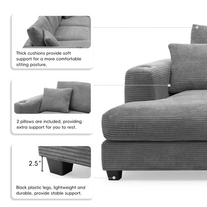 Sofá seccional extragrande de pana de 134 x 54 pulgadas, sofá nube en forma de L con puerto de carga USB, portavasos, sofá cama profundo con chaise longue de 50 pulgadas, cómodo mueble de interior para sala de estar, 3 colores