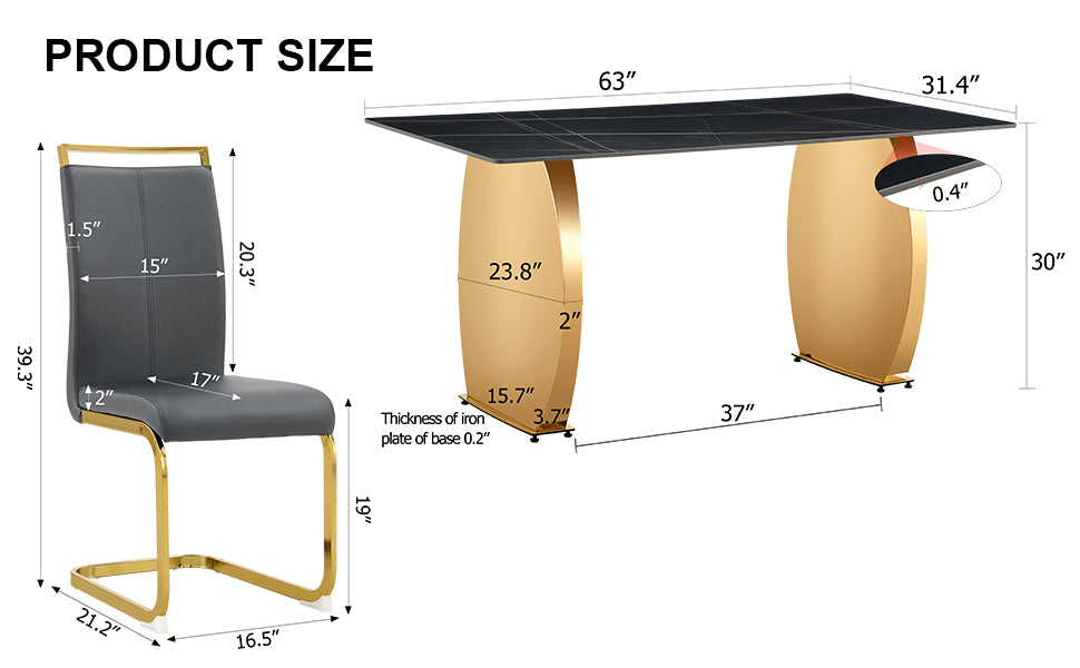 Table and chair set,Modern rectangular table with 0.4 inch black patterned tabletop and gold legs, suitable for kitchen, dining room, and living room , Comfortable PU seats,perfect for dinner, meet