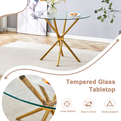 Round clear glass dining table with a unique shape for 4-6 people, with ring-shaped gathered gold metal legs, suitable for desks, kitchens, terraces, dining rooms.