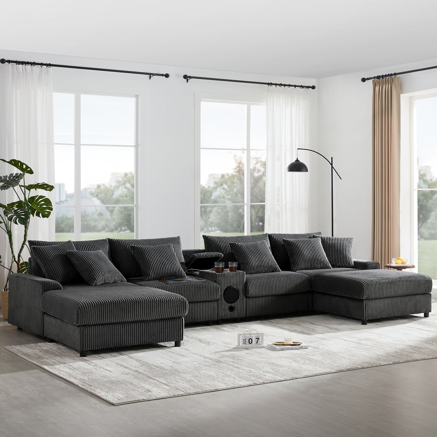 144" Dark Gray Corduroy U-Shaped Sectional Sofa with Bluetooth, Charging Console, Storage & Ottoman
