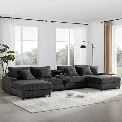 144" Dark Gray Corduroy U-Shaped Sectional Sofa with Bluetooth, Charging Console, Storage & Ottoman