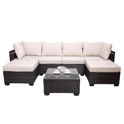 7pc Brown & Beige Patio Set – Outdoor Rattan Sectional w/ Glass Table