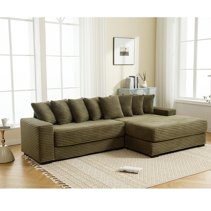 Oversized Two-Piece Couches, L Shaped Sofa, Corduroy, Right Chaise Daybed,with Armrests,Eight Throw Pillows,Corner Sofa,Easy To Assemble, Green