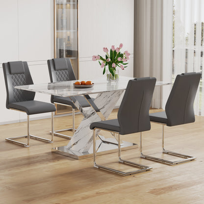 Table and chair set, modern dining table, imitation marble white top and silver legs, soft and comfortable dining chair, perfect for dinner, meetings, home and office decor