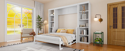 Queen Size Murphy Bed with Desk and Bookshelf, White
