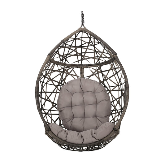 MARLIN Hanging Egg Chair-Basket with Teardrop Design in Grey PE Rattan and Iron, 36.50 x 28.50 x 52.00 Inches