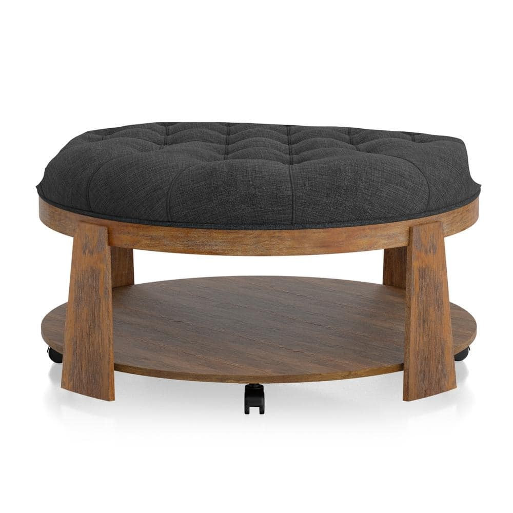 Otomana de 1 pieza con acabado cepillado de alambre, tono natural/gris oscuro, estilo transicional, botones profundos, asiento capitoné tipo lino, estante inferior abierto, sala de estar