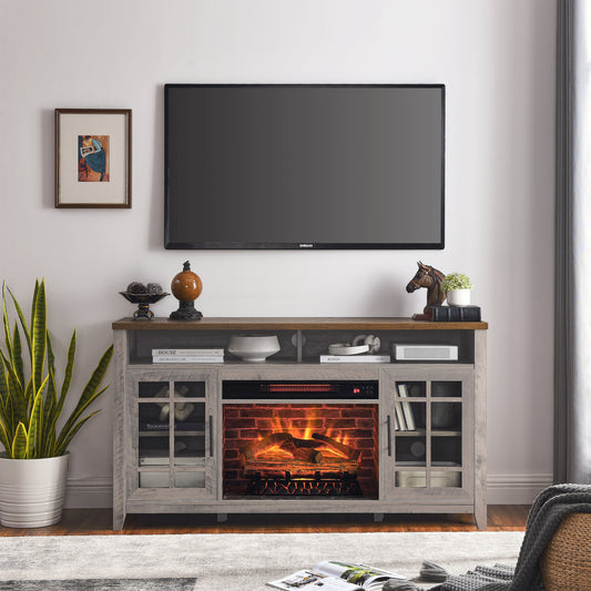 55" Gray Wash TV Stand with Electric Fireplace – Heater Insert, Storage Shelves & Remote Control