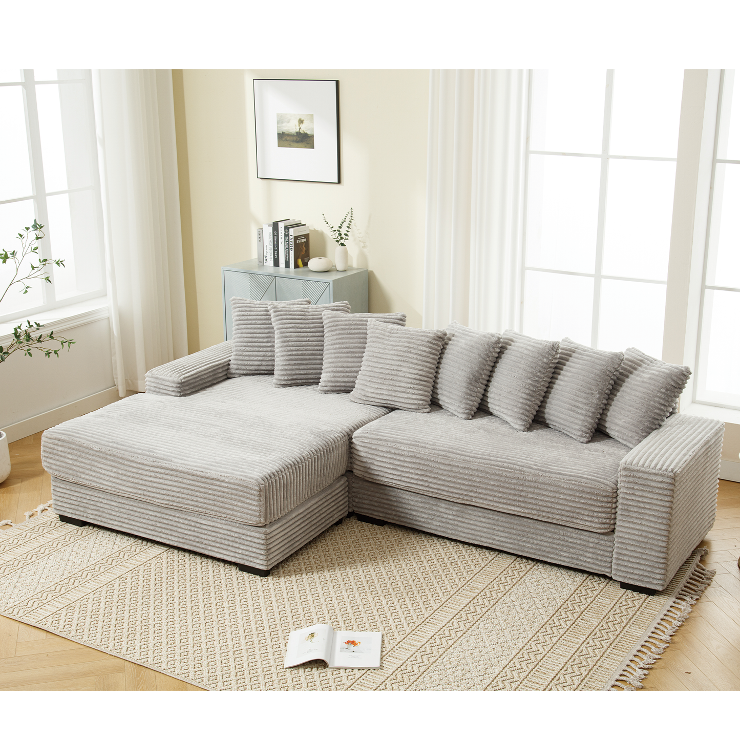 Oversized Two-Piece  Couches,  L Shaped Sofa, Corduroy, Left Chaise Daybed,with Armrests,Eight Throw Pillows,Corner Sofa,Easy To Assemble,  Gray