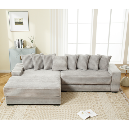 Oversized Two-Piece  Couches,  L Shaped Sofa, Corduroy, Left Chaise Daybed,with Armrests,Eight Throw Pillows,Corner Sofa,Easy To Assemble,  Gray