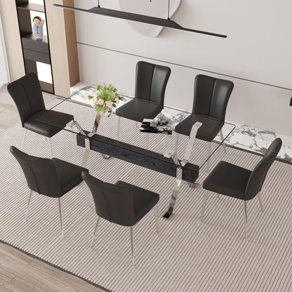 Table and chair set.Elegant Transparent Tempered Glass Dining Set - 71"x35.4" with 6 Black PU Chairs with a vertical stripe design on the backrest.