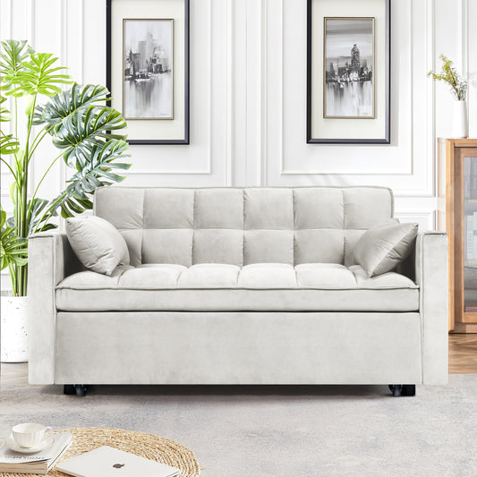 Modern Velvet Fabric 53' 3 in 1 Convertible Sleeper Sofa Bed, Futon Couches for Living Room with Side Pocket,  Adjustable Backrest(Beige)