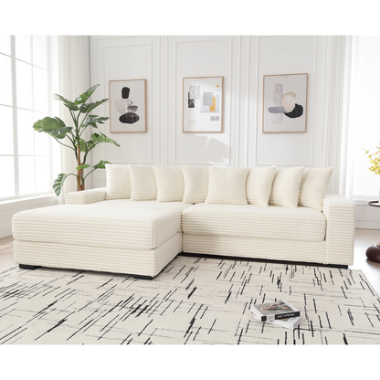 Oversized Two-Piece  Couches,  L Shaped Sofa, Corduroy, Left Chaise Daybed,with Armrests,Eight Throw Pillows,Corner Sofa,Easy To Assemble, Beige