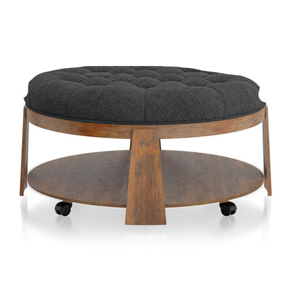 Otomana de 1 pieza con acabado cepillado de alambre, tono natural/gris oscuro, estilo transicional, botones profundos, asiento capitoné tipo lino, estante inferior abierto, sala de estar