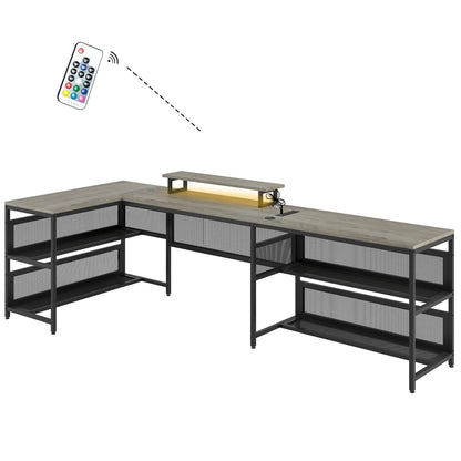 U Shaped Desk with Power Outlets & LED Strip & Monitor Stand, L Shaped Desk with Storage Shelf, Home Office Gaming Desk, Vintage