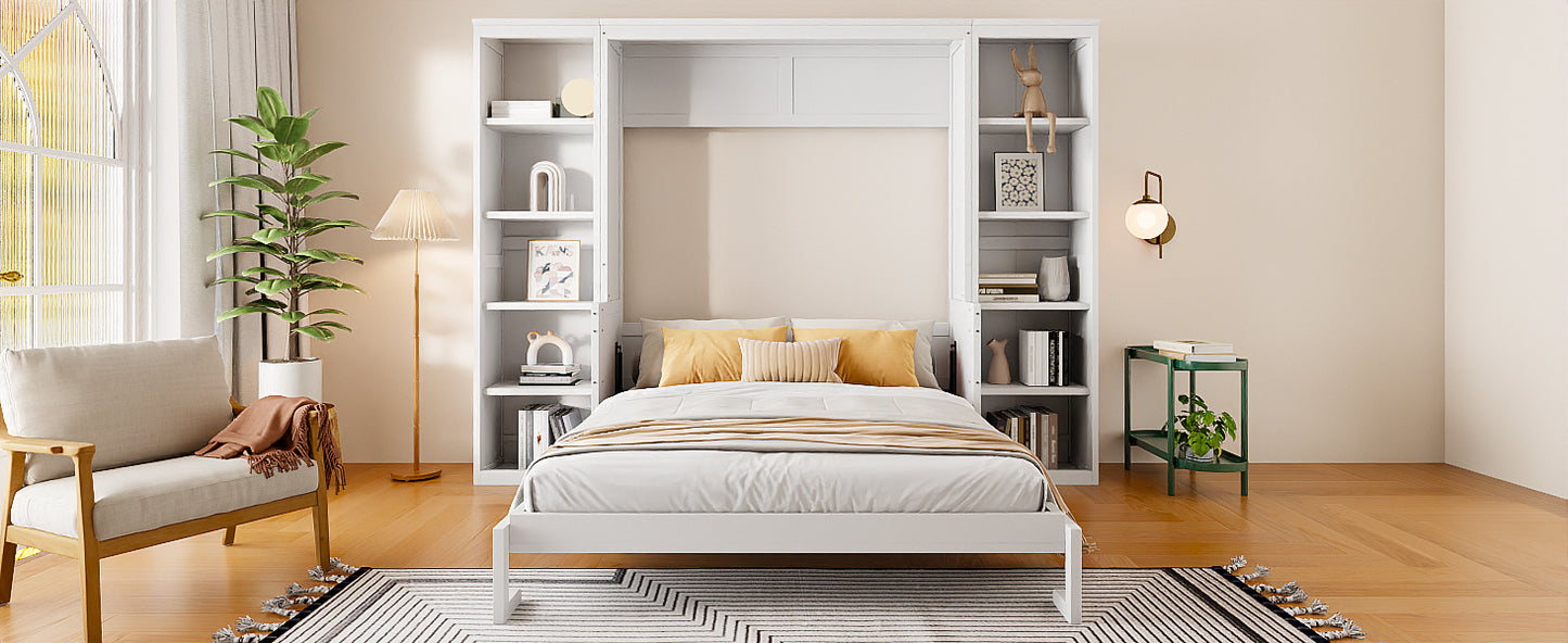 Queen Size Murphy Bed with Desk and Bookshelf, White