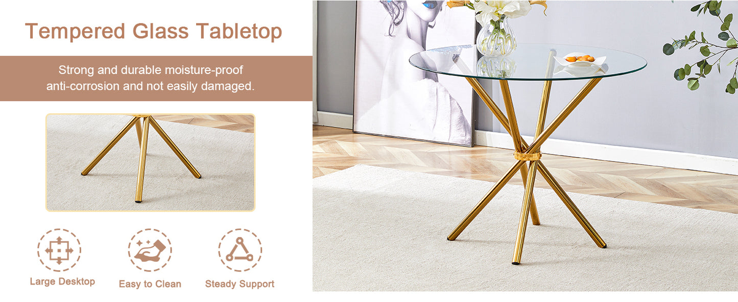 Round clear glass dining table with a unique shape for 4-6 people, with ring-shaped gathered gold metal legs, suitable for desks, kitchens, terraces, dining rooms.