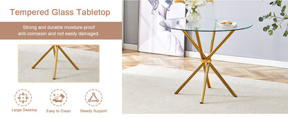 Round clear glass dining table with a unique shape for 4-6 people, with ring-shaped gathered gold metal legs, suitable for desks, kitchens, terraces, dining rooms.