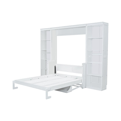 Queen Size Murphy Bed with Desk and Bookshelf, White