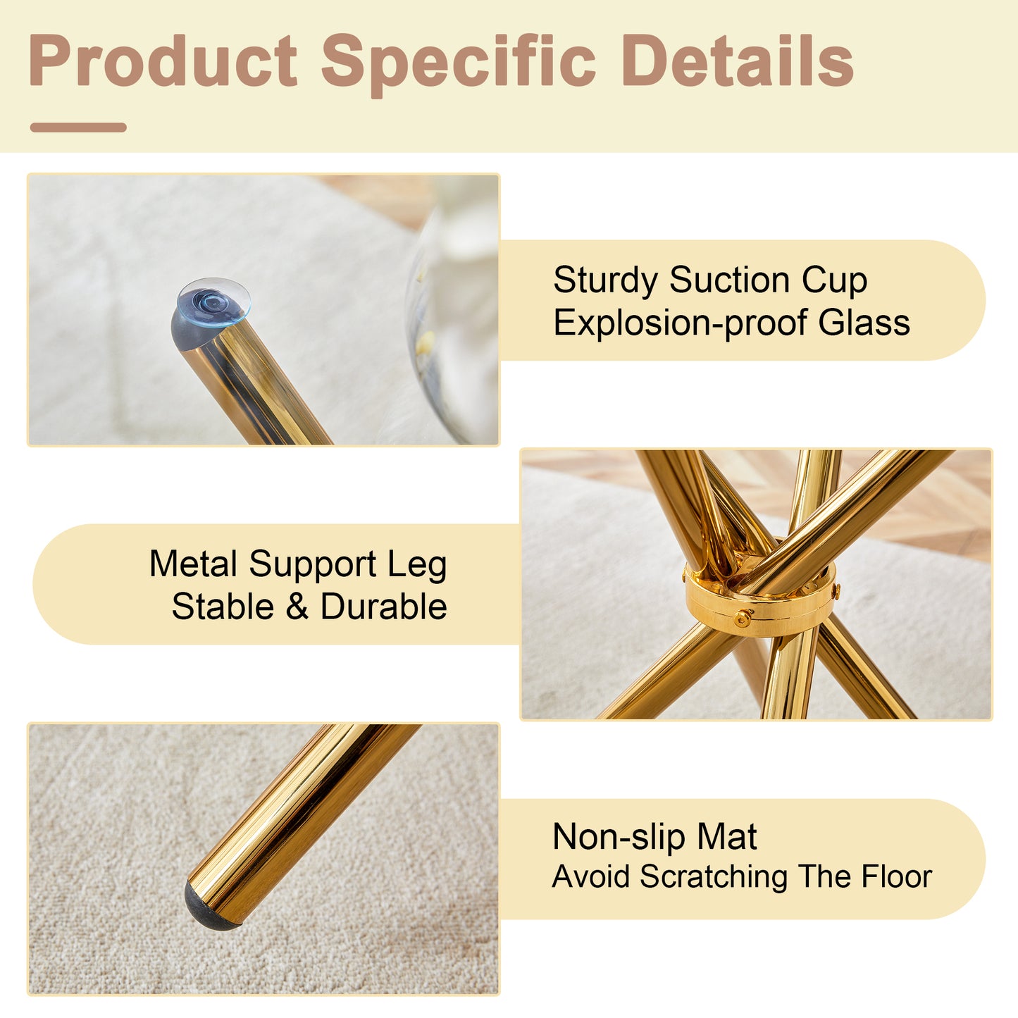 Round clear glass dining table with a unique shape for 4-6 people, with ring-shaped gathered gold metal legs, suitable for desks, kitchens, terraces, dining rooms.