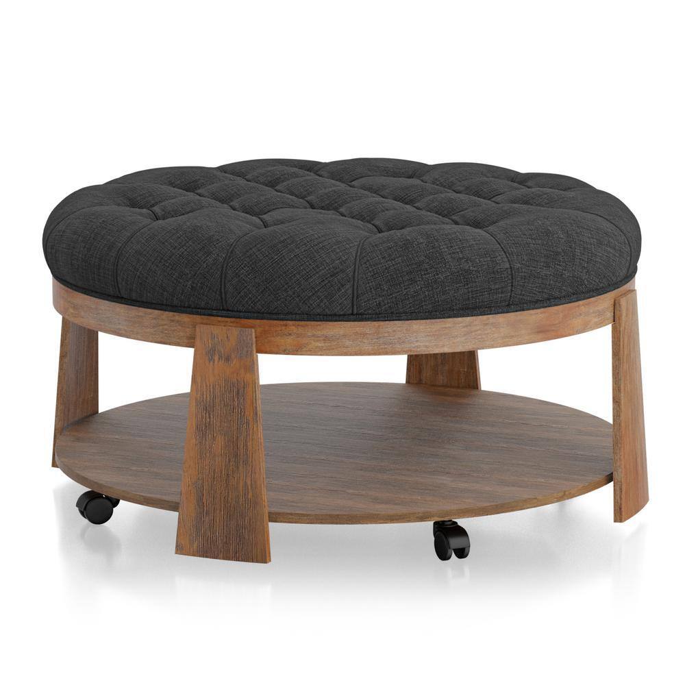 Otomana de 1 pieza con acabado cepillado de alambre, tono natural/gris oscuro, estilo transicional, botones profundos, asiento capitoné tipo lino, estante inferior abierto, sala de estar