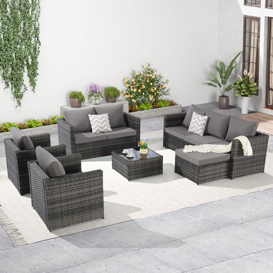6 Piece Patio Furniture Set,Outdoor Wicker Rattan Sofa Conversation Set All Weather Patio Sectional Sofa Set with Glass Table, Cushions and Pillows for Garden, Backyard
