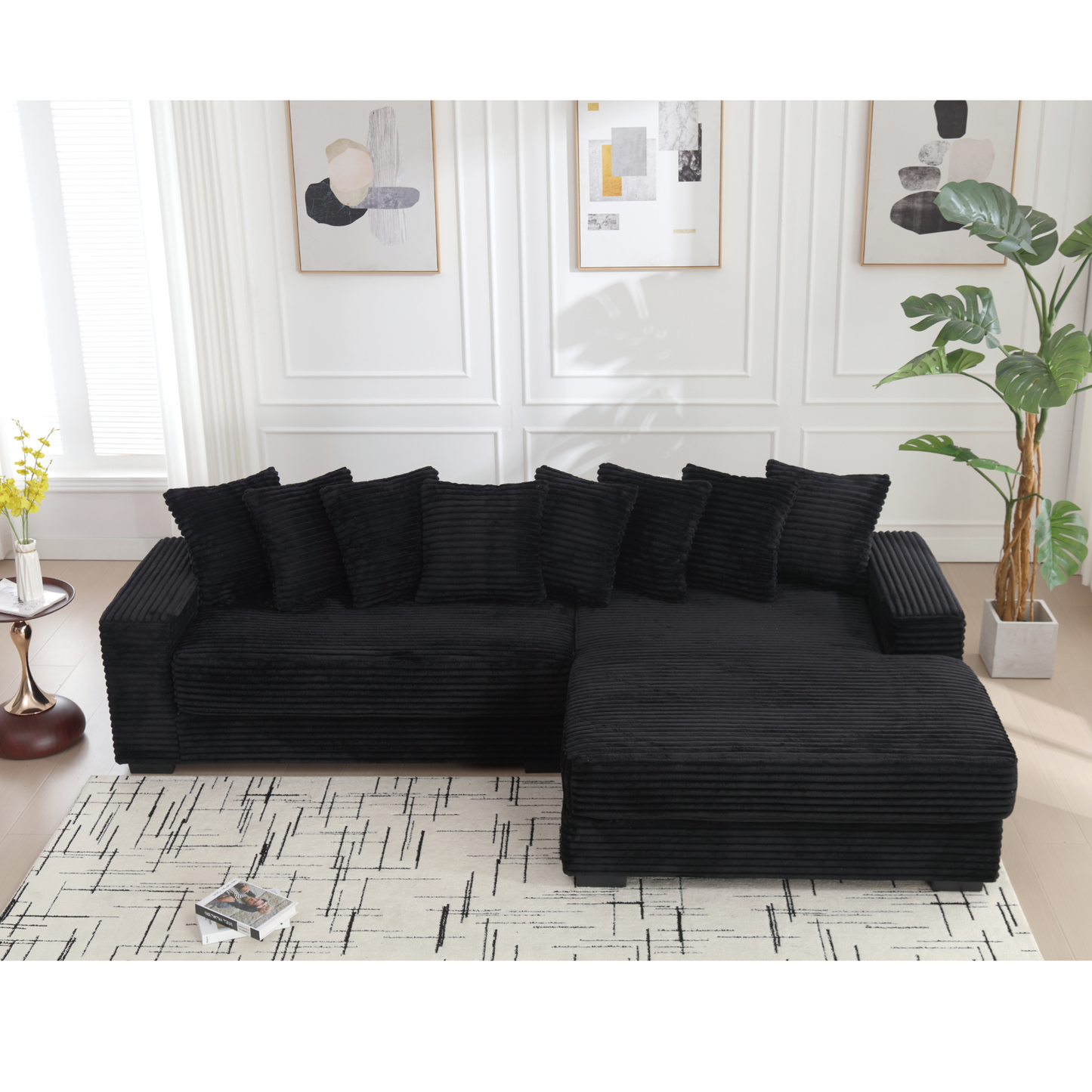 Oversized Two-Piece  Couches,  L Shaped Sofa, Corduroy, Right Chaise Daybed,with Armrests,Eight Throw Pillows,Corner Sofa,Easy To Assemble,  Black