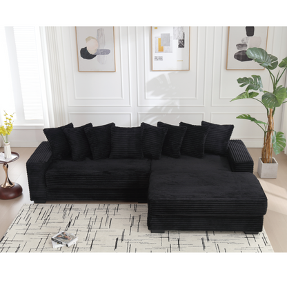 Oversized Two-Piece  Couches,  L Shaped Sofa, Corduroy, Right Chaise Daybed,with Armrests,Eight Throw Pillows,Corner Sofa,Easy To Assemble,  Black