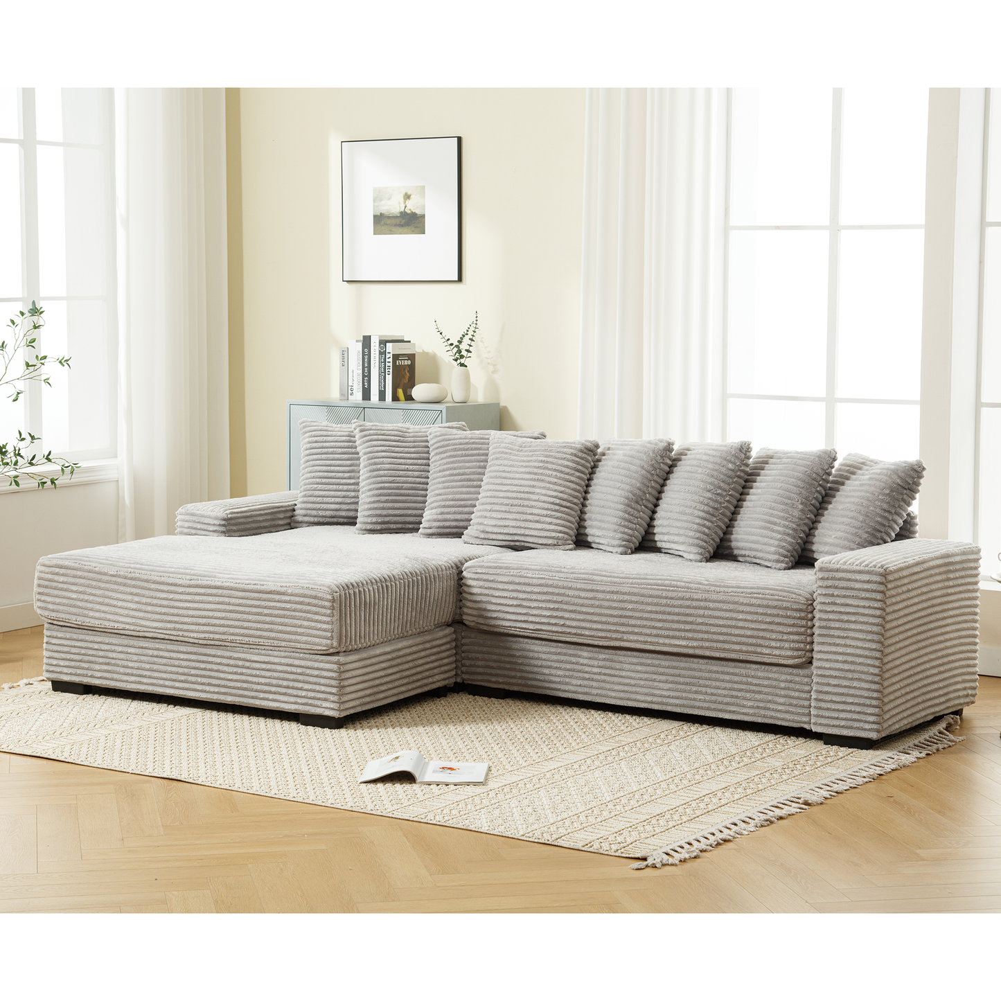 Oversized Two-Piece  Couches,  L Shaped Sofa, Corduroy, Left Chaise Daybed,with Armrests,Eight Throw Pillows,Corner Sofa,Easy To Assemble,  Gray