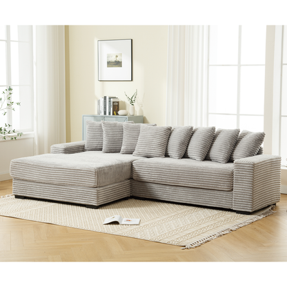 Oversized Two-Piece  Couches,  L Shaped Sofa, Corduroy, Left Chaise Daybed,with Armrests,Eight Throw Pillows,Corner Sofa,Easy To Assemble,  Gray