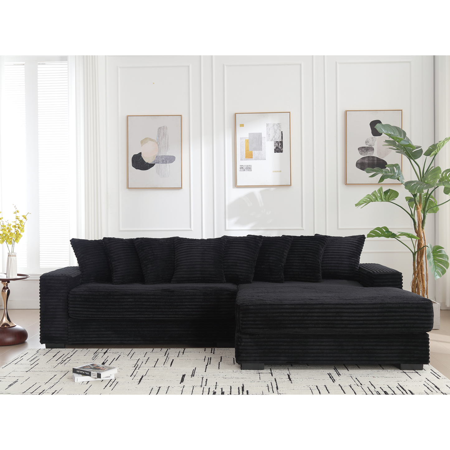 Oversized Two-Piece  Couches,  L Shaped Sofa, Corduroy, Right Chaise Daybed,with Armrests,Eight Throw Pillows,Corner Sofa,Easy To Assemble,  Black