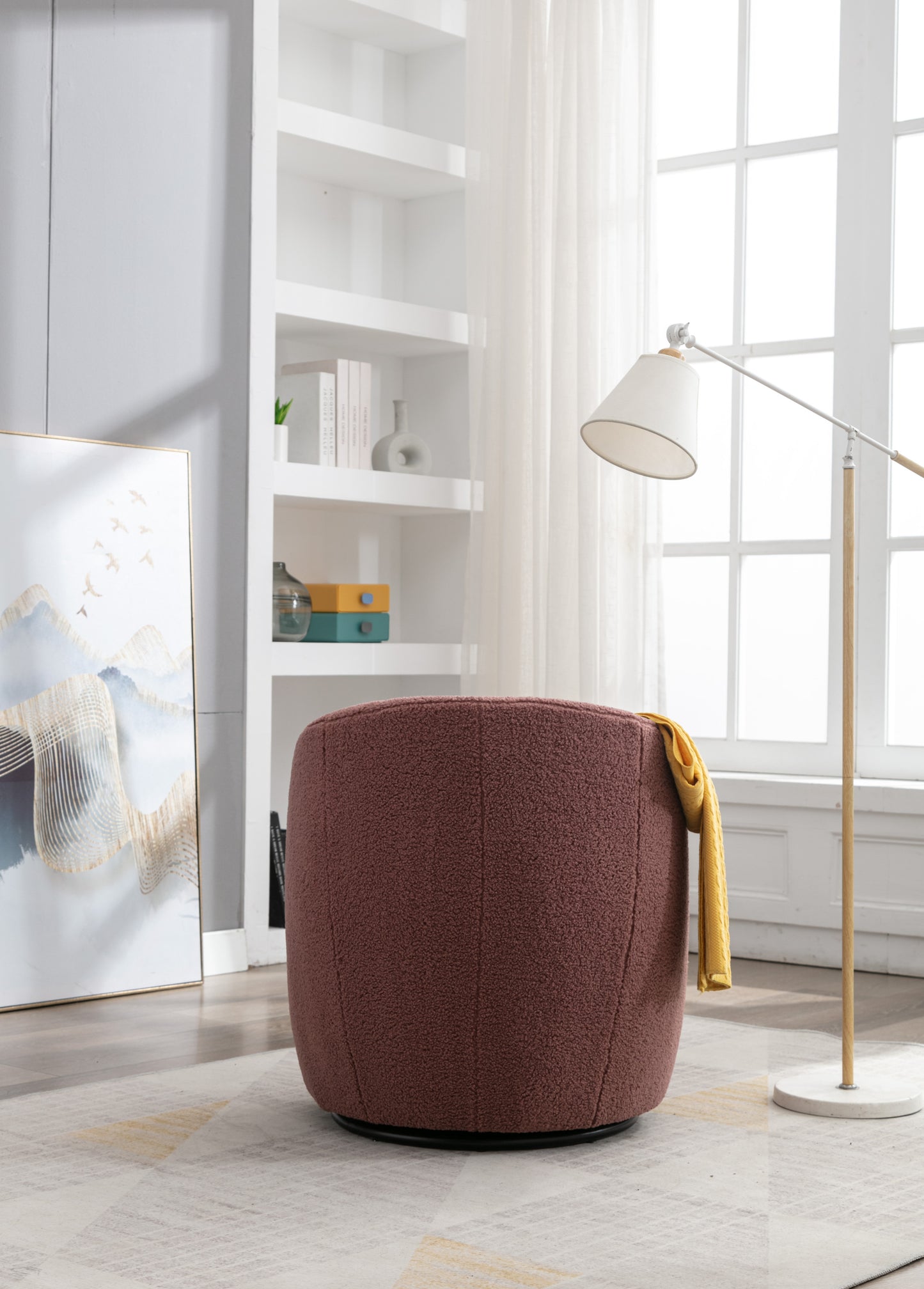 Teddy Fabric Swivel Accent Armchair Barrel Chair With Black Powder Coating Metal Ring,Dark Red