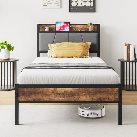 Twin Size Bed Frame, Storage Headboard with Charging Station, Solid and Stable, No Box Spring Needed, Easy Assembly