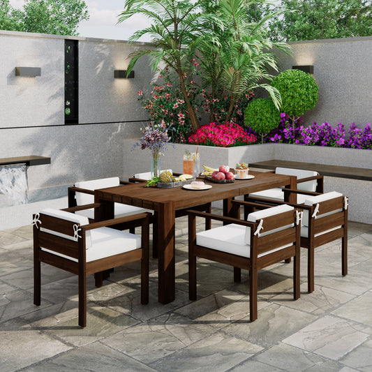 TREXM 7-Piece Patio Dining Table Set for 6, Outdoor Furniture Sets with 72.8' Rectangle Table, Patio Table and Chairs Set with Removable Cushions for Backyard, Garden, Poolside (Mocha + Beige Cushion)