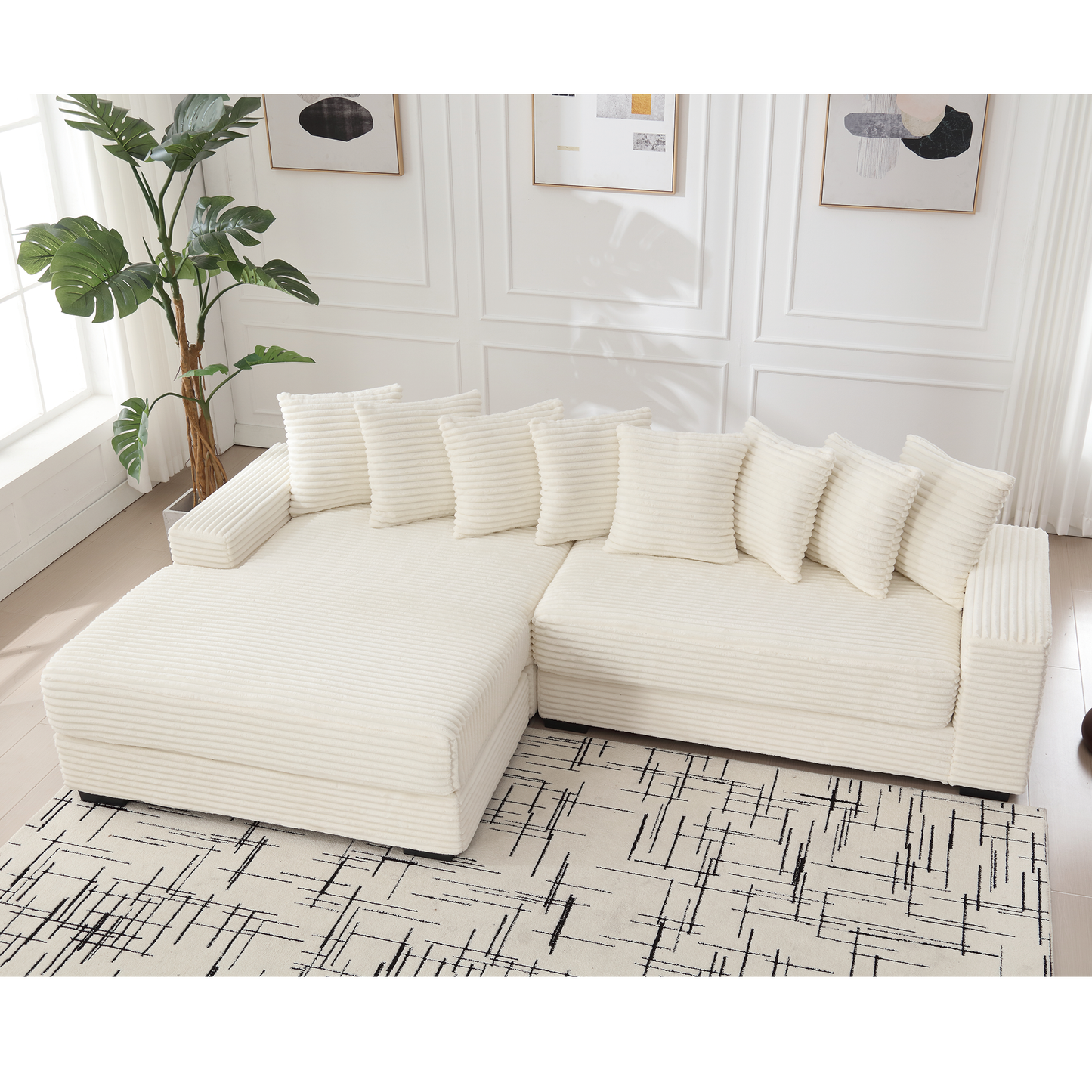 Oversized Two-Piece  Couches,  L Shaped Sofa, Corduroy, Left Chaise Daybed,with Armrests,Eight Throw Pillows,Corner Sofa,Easy To Assemble, Beige