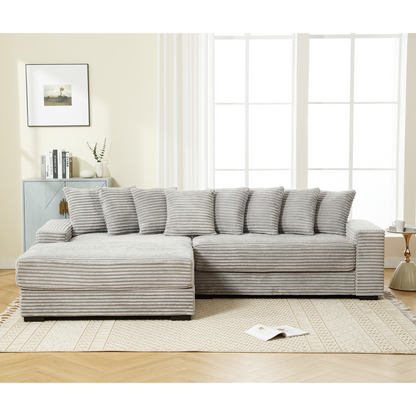 Oversized Two-Piece  Couches,  L Shaped Sofa, Corduroy, Left Chaise Daybed,with Armrests,Eight Throw Pillows,Corner Sofa,Easy To Assemble,  Gray