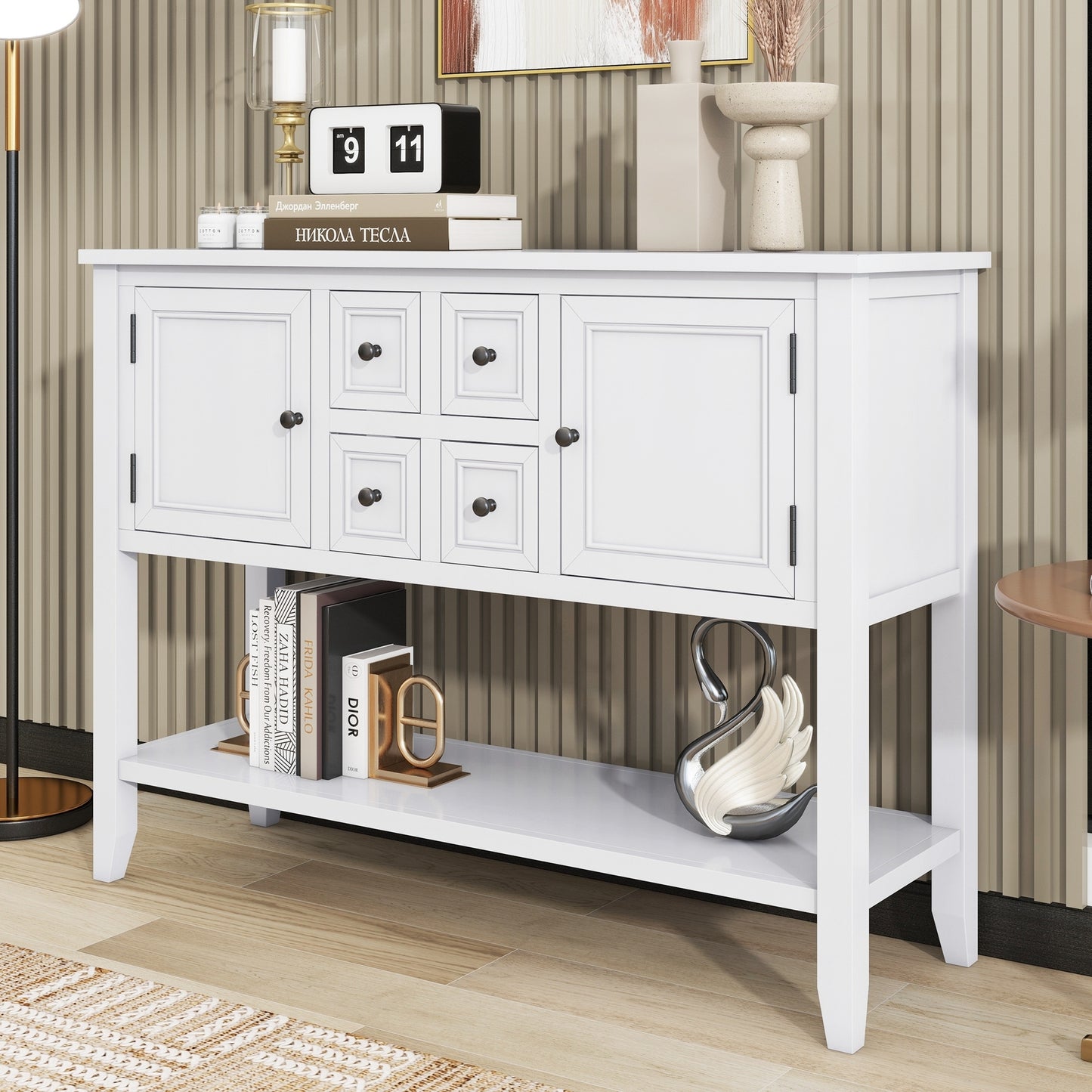 TREXM Cambridge Series  Ample Storage Vintage Console Table with Four Small Drawers and Bottom Shelf for Living Rooms, Entrances and Kitchens (White, OLD SKU: WF190263AAA)