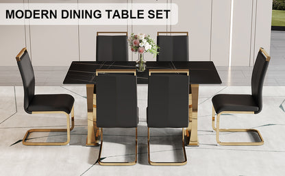 Table and chair set,Modern rectangular table with 0.4 inch black patterned tabletop and gold legs, suitable for kitchen, dining room, and living room , Comfortable PU seats,perfect for dinner, meet