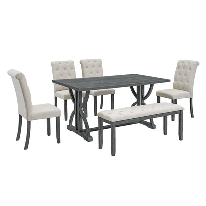 TREXM 6-Piece Retro Rectangular Dining Table Set, Table with Unique Legs and 4 Upholstered Chairs & 1 Bench for Dining Room and Kitchen (Gray Wash)