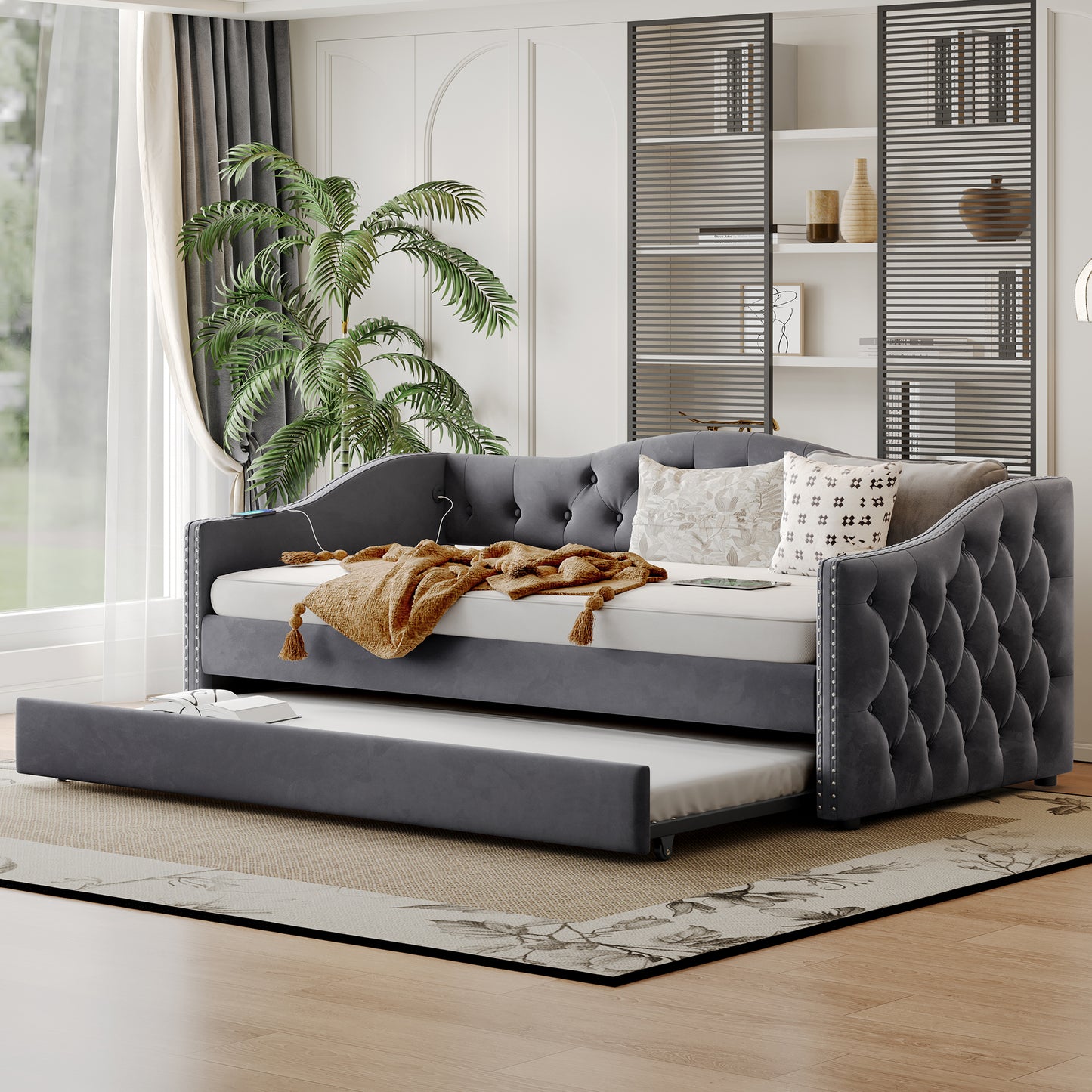 Twin Size Upholstered Daybed with Trundle and USB Charging Design, Sturdy Wood Slat Support, Wood Bed Frame for Bedroom/Guestroom/Dorm,Plush Velvet Fabric,Gray