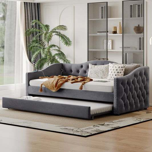 Twin Size Upholstered Daybed with Trundle and USB Charging Design, Sturdy Wood Slat Support, Wood Bed Frame for Bedroom/Guestroom/Dorm,Plush Velvet Fabric,Gray