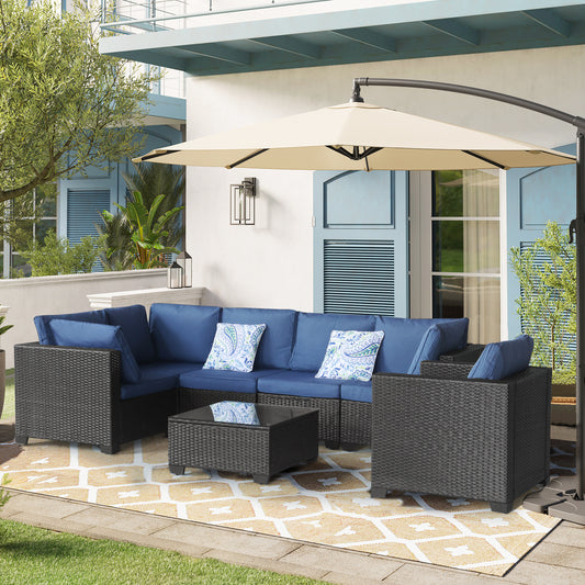 7 Pieces Outdoor Set Furniture Patio Furniture Sets Conversation Sets Balcony Furniture Outdoor Sectional for Outdoor Indoor Backyard Lawn Garden Porch Poolside (Dark Blue)