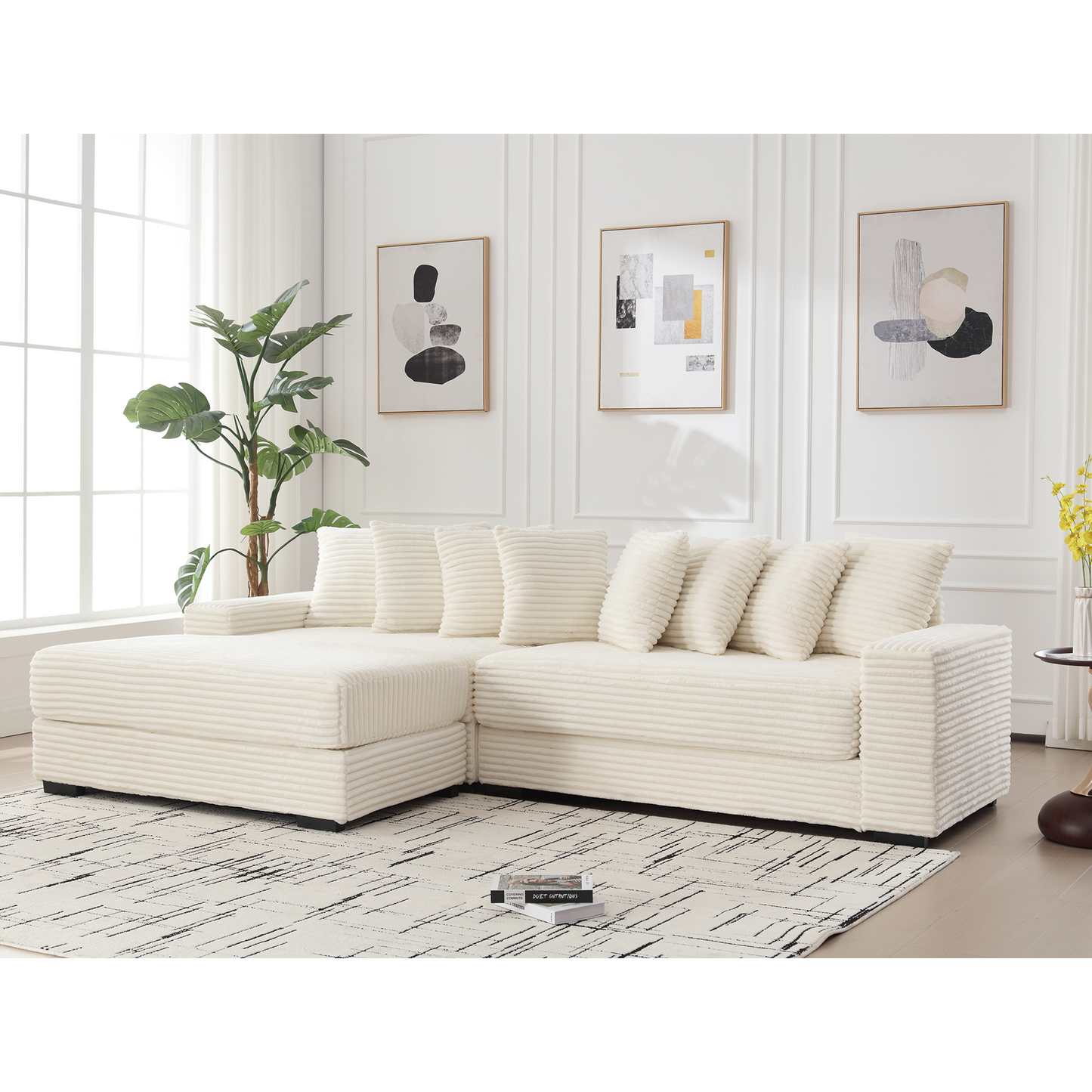 Oversized Two-Piece  Couches,  L Shaped Sofa, Corduroy, Left Chaise Daybed,with Armrests,Eight Throw Pillows,Corner Sofa,Easy To Assemble, Beige