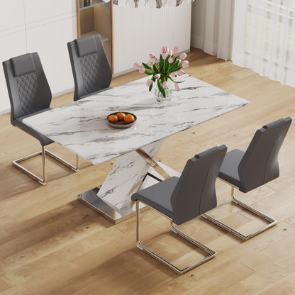 Table and chair set, modern dining table, imitation marble white top and silver legs, soft and comfortable dining chair, perfect for dinner, meetings, home and office decor