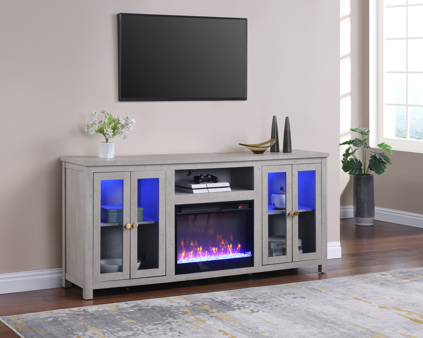 Ellington 70'W White Walnut Finish Fireplace TV Stand Console with Heater, LED Light, Cabinets, Shelves