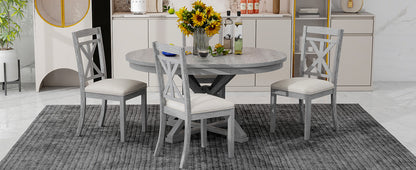 TREXM 5-Piece Retro Functional Dining Table Set Extendable Round Table and 4 Upholstered Chairs for Dining Room and Living Room (Grey)